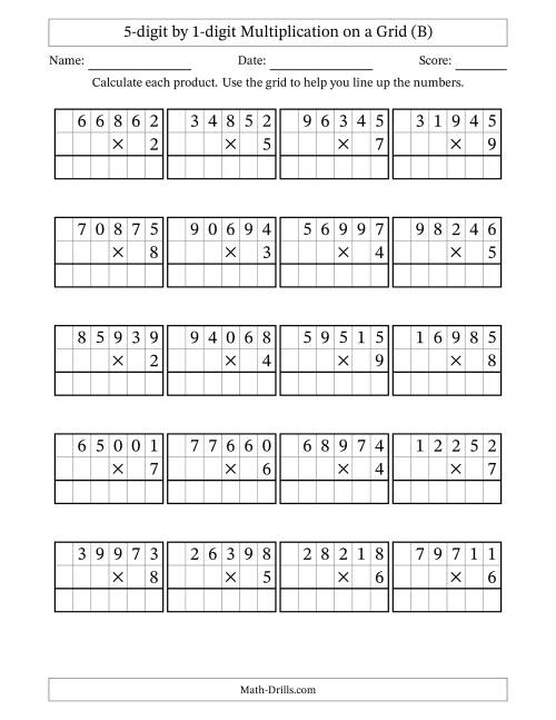 The 5-digit by 1-digit Multiplication with Grid Support (B) Math Worksheet