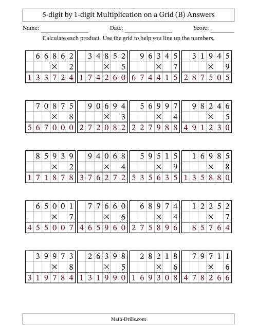 The 5-digit by 1-digit Multiplication with Grid Support (B) Math Worksheet Page 2