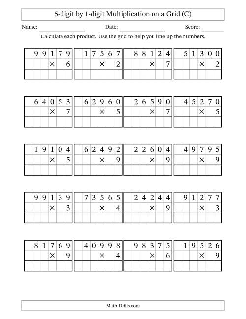 The 5-digit by 1-digit Multiplication with Grid Support (C) Math Worksheet