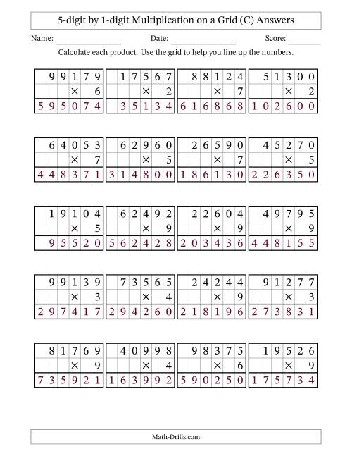 The 5-digit by 1-digit Multiplication with Grid Support (C) Math Worksheet Page 2