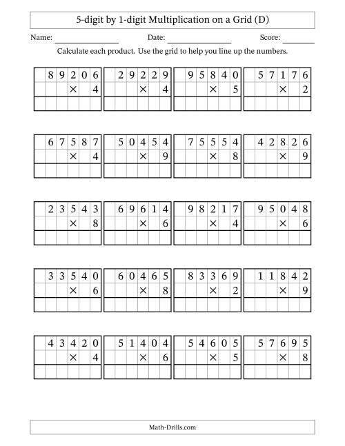 The 5-digit by 1-digit Multiplication with Grid Support (D) Math Worksheet