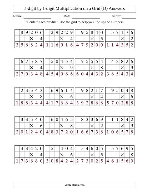 The 5-digit by 1-digit Multiplication with Grid Support (D) Math Worksheet Page 2
