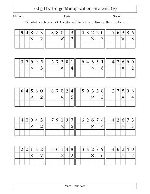 The 5-digit by 1-digit Multiplication with Grid Support (E) Math Worksheet