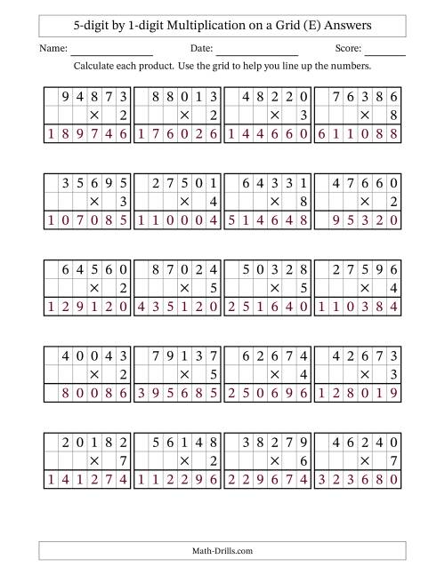 The 5-digit by 1-digit Multiplication with Grid Support (E) Math Worksheet Page 2