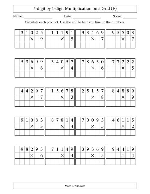 The 5-digit by 1-digit Multiplication with Grid Support (F) Math Worksheet