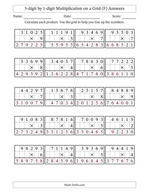 The 5-digit by 1-digit Multiplication with Grid Support (F) Math Worksheet Page 2