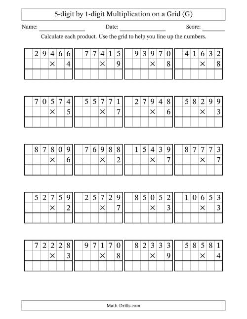 The 5-digit by 1-digit Multiplication with Grid Support (G) Math Worksheet