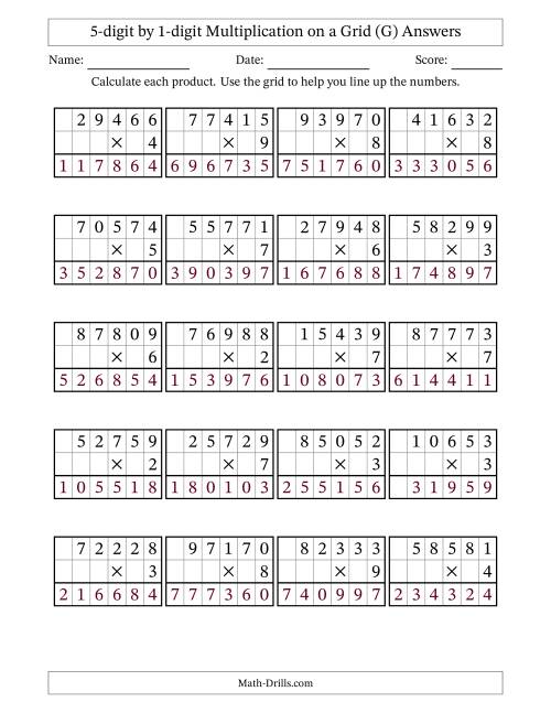 The 5-digit by 1-digit Multiplication with Grid Support (G) Math Worksheet Page 2