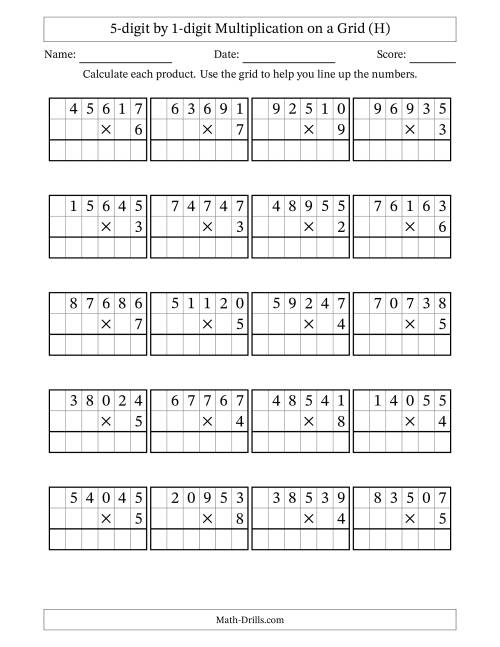 The 5-digit by 1-digit Multiplication with Grid Support (H) Math Worksheet
