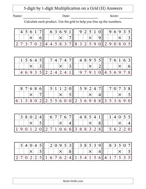 The 5-digit by 1-digit Multiplication with Grid Support (H) Math Worksheet Page 2