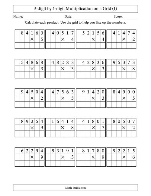 The 5-digit by 1-digit Multiplication with Grid Support (I) Math Worksheet