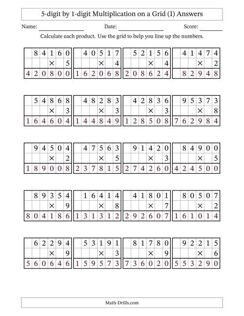The 5-digit by 1-digit Multiplication with Grid Support (I) Math Worksheet Page 2