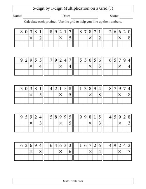 The 5-digit by 1-digit Multiplication with Grid Support (J) Math Worksheet
