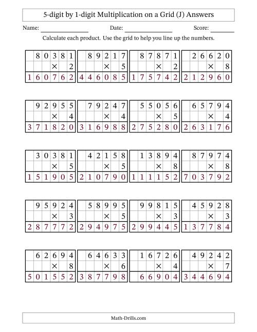 The 5-digit by 1-digit Multiplication with Grid Support (J) Math Worksheet Page 2