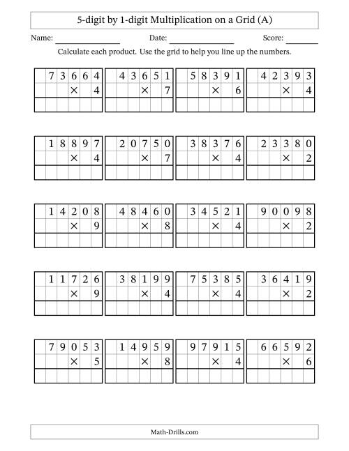 The 5-digit by 1-digit Multiplication with Grid Support (All) Math Worksheet