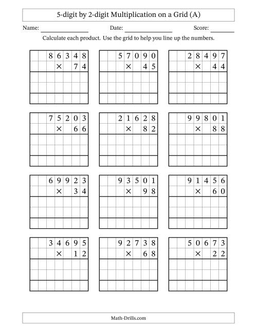 The 5-digit by 2-digit Multiplication with Grid Support (A) Math Worksheet