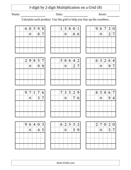 The 5-digit by 2-digit Multiplication with Grid Support (B) Math Worksheet