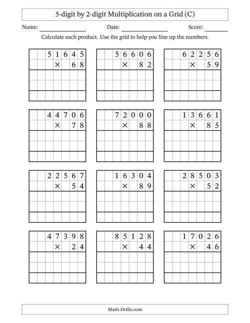 The 5-digit by 2-digit Multiplication with Grid Support (C) Math Worksheet