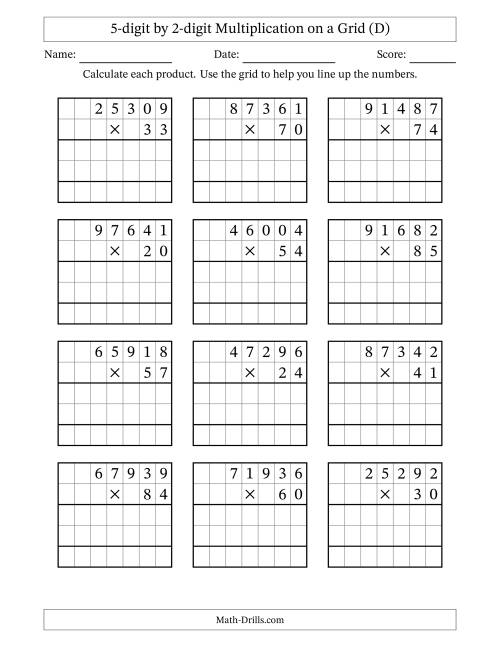 The 5-digit by 2-digit Multiplication with Grid Support (D) Math Worksheet
