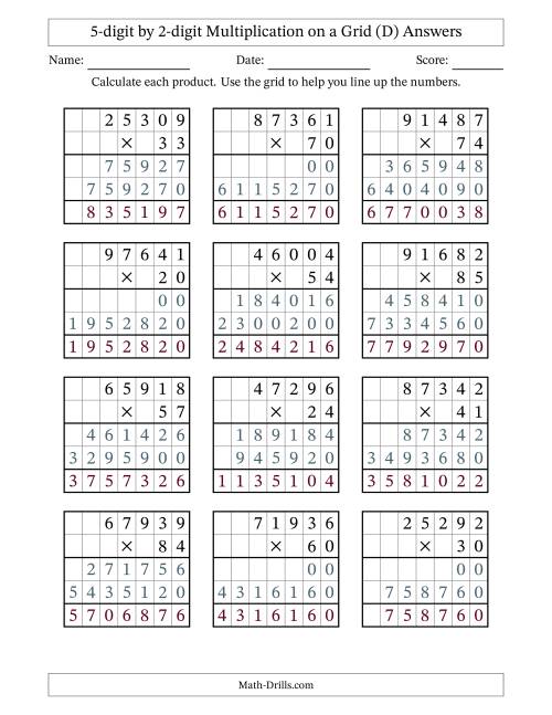 The 5-digit by 2-digit Multiplication with Grid Support (D) Math Worksheet Page 2