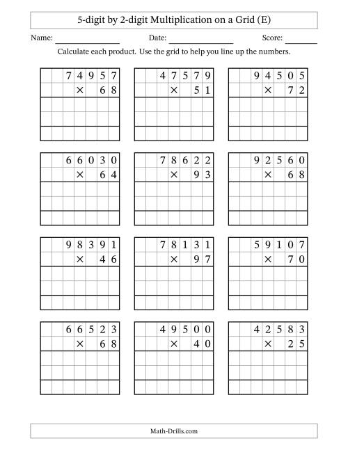 The 5-digit by 2-digit Multiplication with Grid Support (E) Math Worksheet