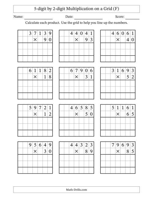 The 5-digit by 2-digit Multiplication with Grid Support (F) Math Worksheet