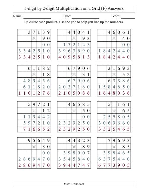 The 5-digit by 2-digit Multiplication with Grid Support (F) Math Worksheet Page 2