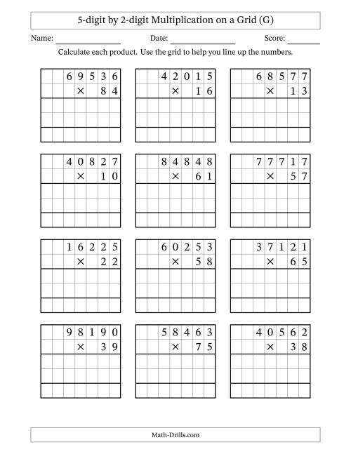 The 5-digit by 2-digit Multiplication with Grid Support (G) Math Worksheet