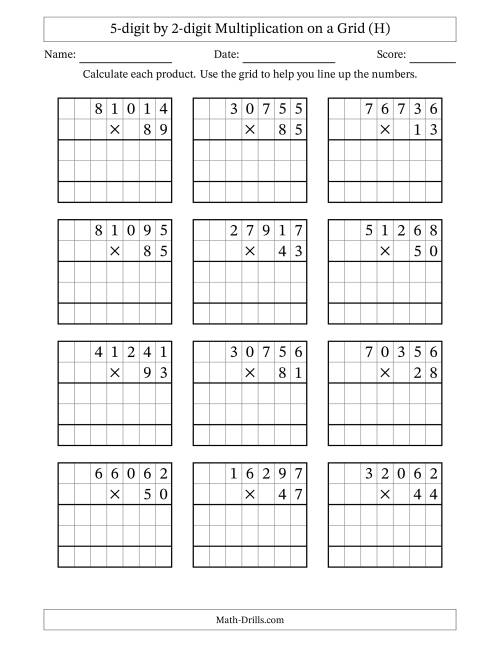 The 5-digit by 2-digit Multiplication with Grid Support (H) Math Worksheet