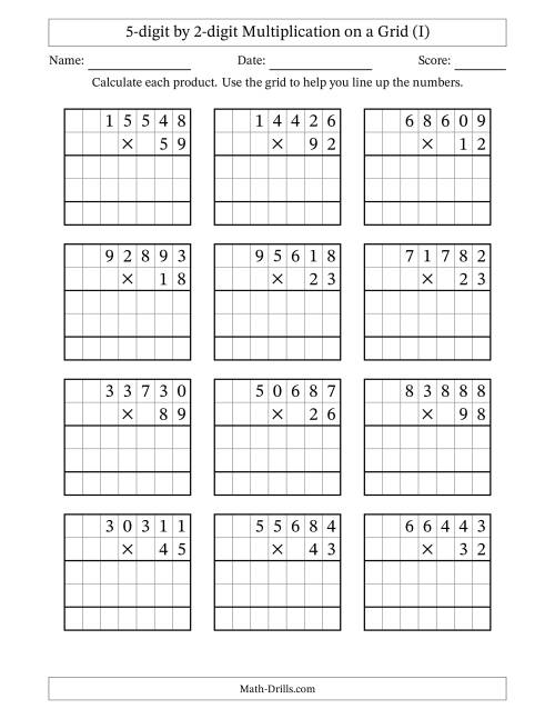 The 5-digit by 2-digit Multiplication with Grid Support (I) Math Worksheet