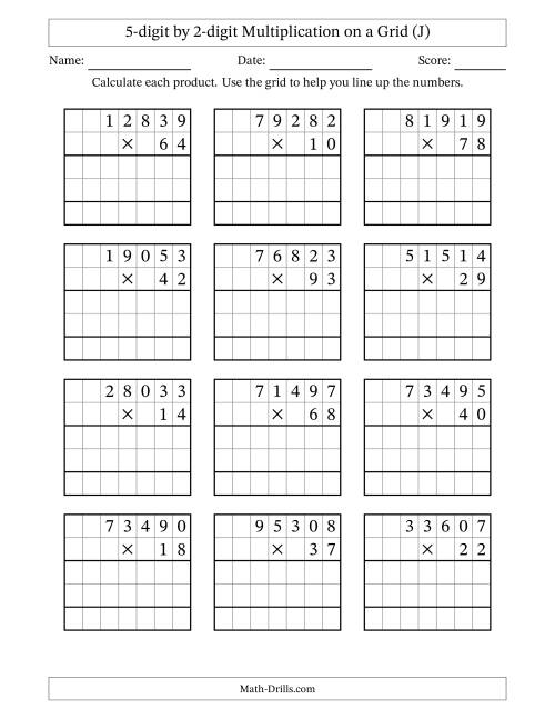 The 5-digit by 2-digit Multiplication with Grid Support (J) Math Worksheet