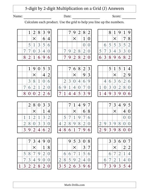 The 5-digit by 2-digit Multiplication with Grid Support (J) Math Worksheet Page 2
