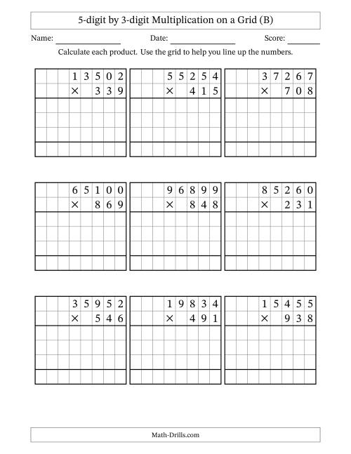 The 5-digit by 3-digit Multiplication with Grid Support (B) Math Worksheet