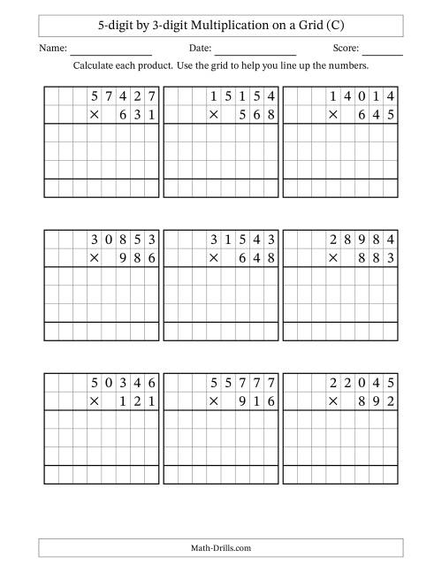 The 5-digit by 3-digit Multiplication with Grid Support (C) Math Worksheet