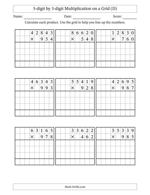 The 5-digit by 3-digit Multiplication with Grid Support (D) Math Worksheet
