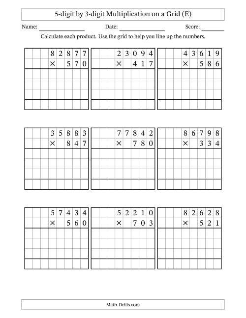 The 5-digit by 3-digit Multiplication with Grid Support (E) Math Worksheet