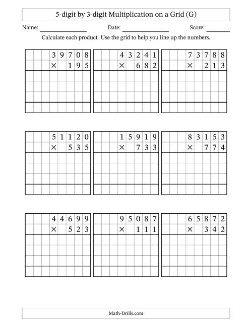 The 5-digit by 3-digit Multiplication with Grid Support (G) Math Worksheet