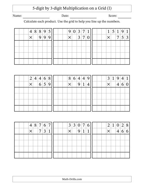 The 5-digit by 3-digit Multiplication with Grid Support (I) Math Worksheet