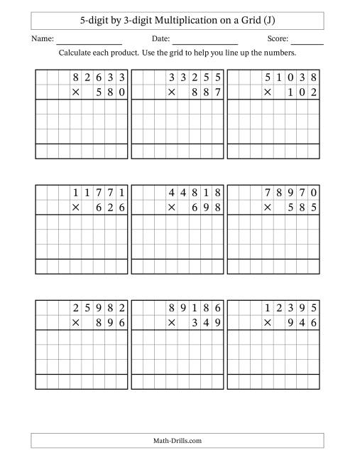 The 5-digit by 3-digit Multiplication with Grid Support (J) Math Worksheet