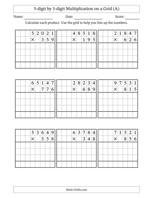 The 5-digit by 3-digit Multiplication with Grid Support (All) Math Worksheet