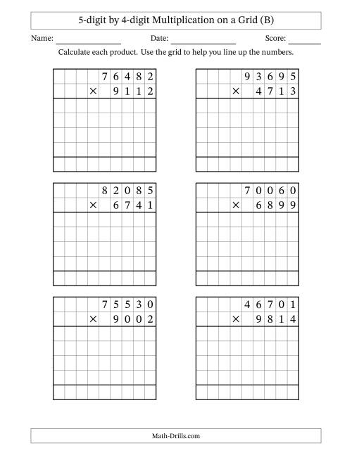 The 5-digit by 4-digit Multiplication with Grid Support (B) Math Worksheet