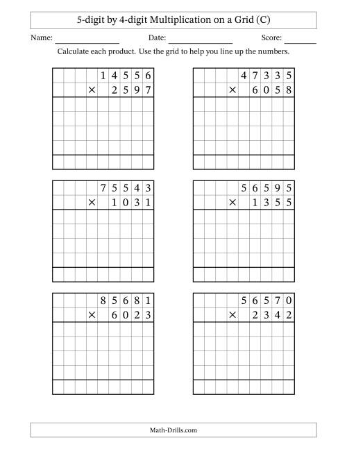 The 5-digit by 4-digit Multiplication with Grid Support (C) Math Worksheet