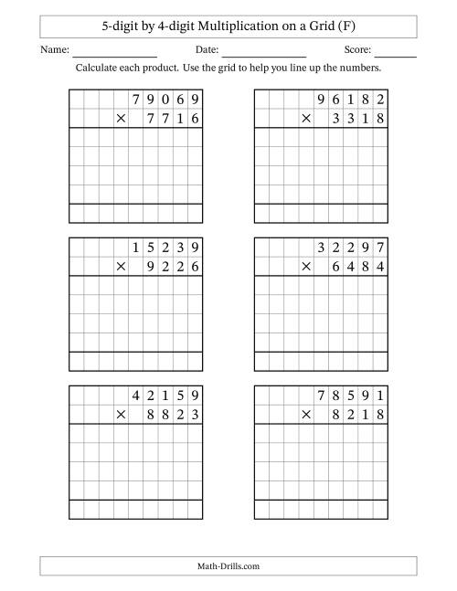 The 5-digit by 4-digit Multiplication with Grid Support (F) Math Worksheet