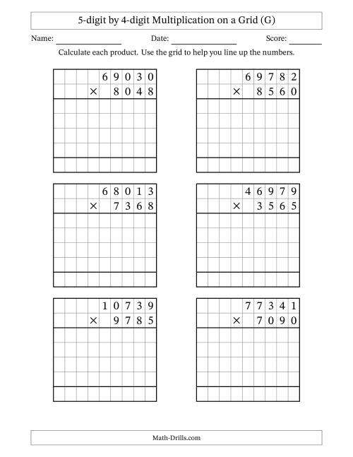 The 5-digit by 4-digit Multiplication with Grid Support (G) Math Worksheet