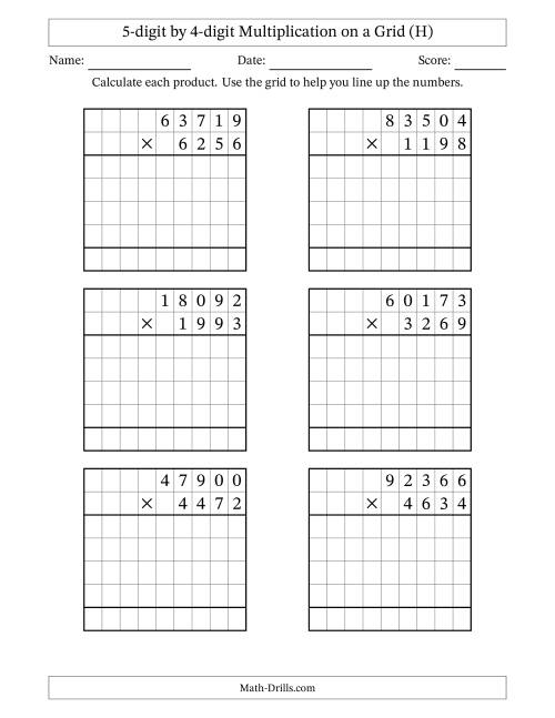 The 5-digit by 4-digit Multiplication with Grid Support (H) Math Worksheet