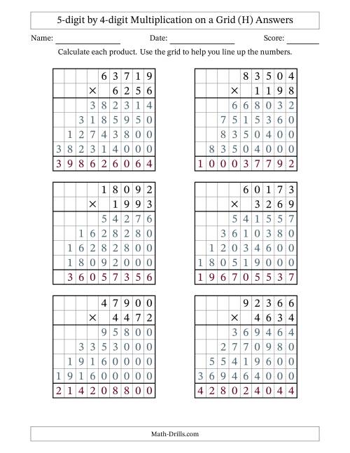 The 5-digit by 4-digit Multiplication with Grid Support (H) Math Worksheet Page 2