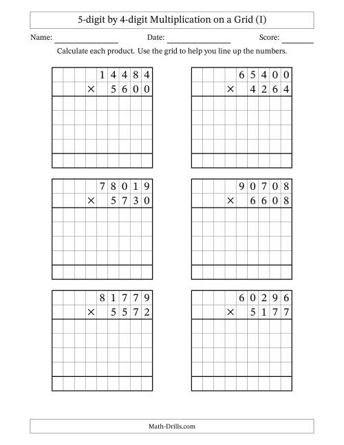 The 5-digit by 4-digit Multiplication with Grid Support (I) Math Worksheet