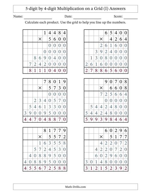 The 5-digit by 4-digit Multiplication with Grid Support (I) Math Worksheet Page 2