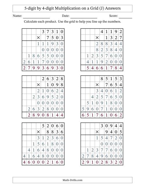 The 5-digit by 4-digit Multiplication with Grid Support (J) Math Worksheet Page 2
