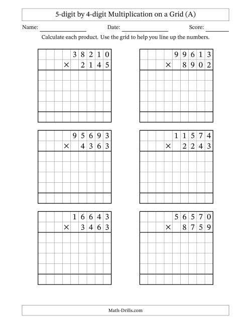 The 5-digit by 4-digit Multiplication with Grid Support (All) Math Worksheet